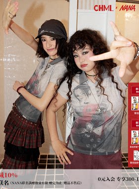 做旧人像印花POLO领短袖T恤女夏