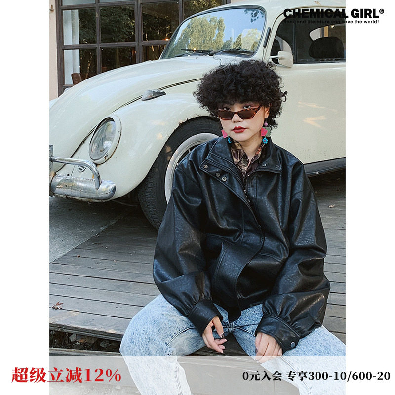 化学少女「朋克乐手」黑色复古加绒皮衣厚外套女美式机车夹克秋冬