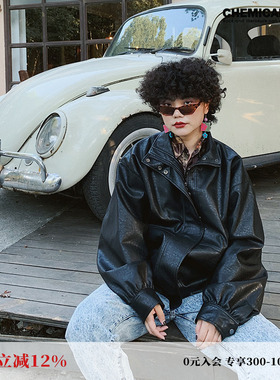 化学少女「朋克乐手」黑色复古加绒皮衣厚外套女美式机车夹克秋冬