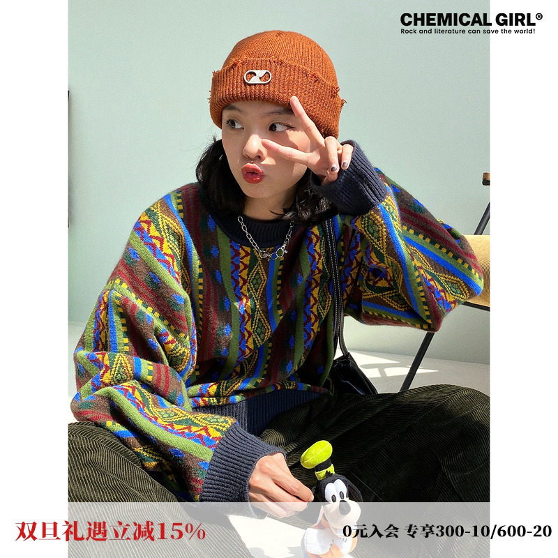 化学少女复古套头针织衫毛衣