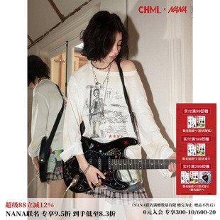 化学少女×NANA联名 复古做旧宽松印花长袖T恤女毛边设计百搭上衣