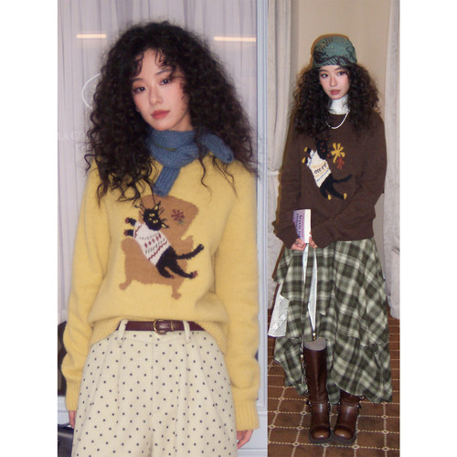 正肩宽松马海毛套头毛衣女