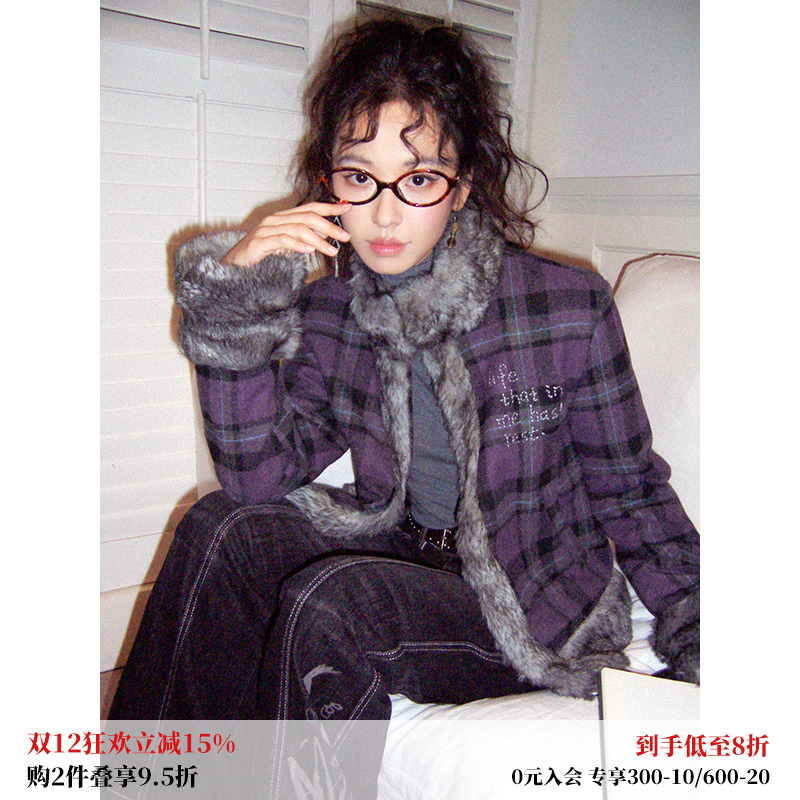 化学少女格子短毛料刺绣夹棉外套
