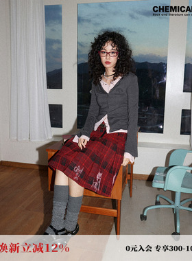 化学少女「双重主义」复古红色格子百褶裙子秋冬新款半身裙女