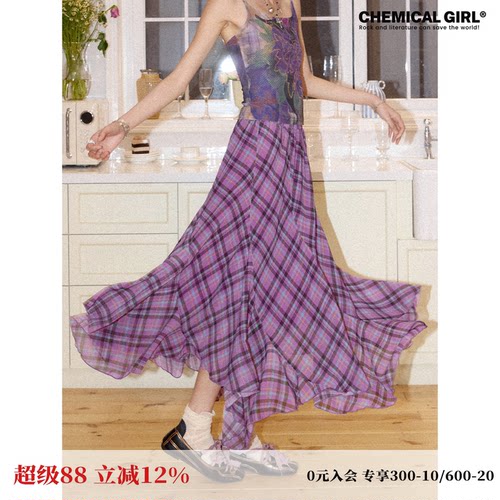 不规则格子撞色伞摆雪纺半身裙女