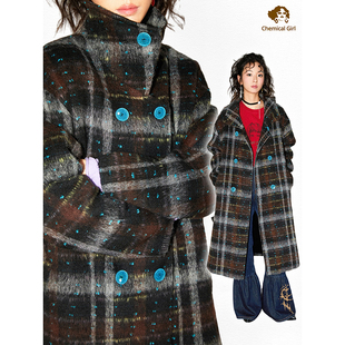 化学少女「月下山茶花」复古渐变感冬季 厚外套格子撞色毛呢大衣