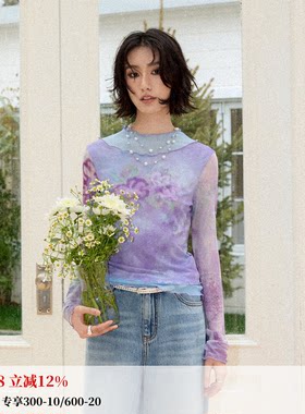 假两件撞色小高领网纱印花T恤女