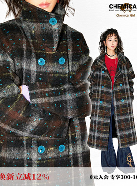 化学少女「月下山茶花」复古渐变感冬季厚外套格子撞色毛呢大衣