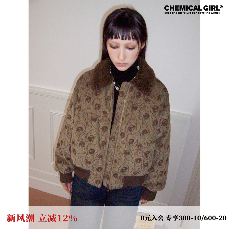 化学少女「谜雾庄园」2024年冬季复古拼色印花灯芯绒棉服外套女