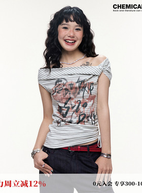 化学少女 「海上情书」 涂鸦印花条纹一字领露肩短袖T恤女夏新品