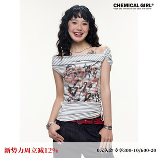 T恤女夏新品 涂鸦印花条纹一字领露肩短袖 「海上情书」 化学少女