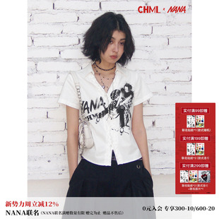 衬衫 V领印花花边短袖 女亲肤透气上衣 白色夏季 化学少女×NANA联名