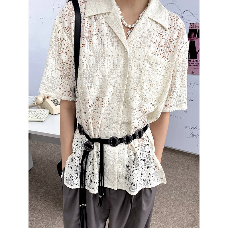 化学少女「白日梦游」 夏季复古蕾丝短袖衬衫经典古巴领宽松上衣