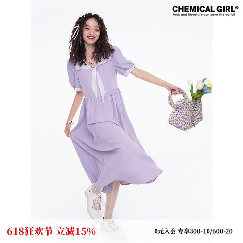 昭和A字纯色蕾丝拼接短袖连衣裙