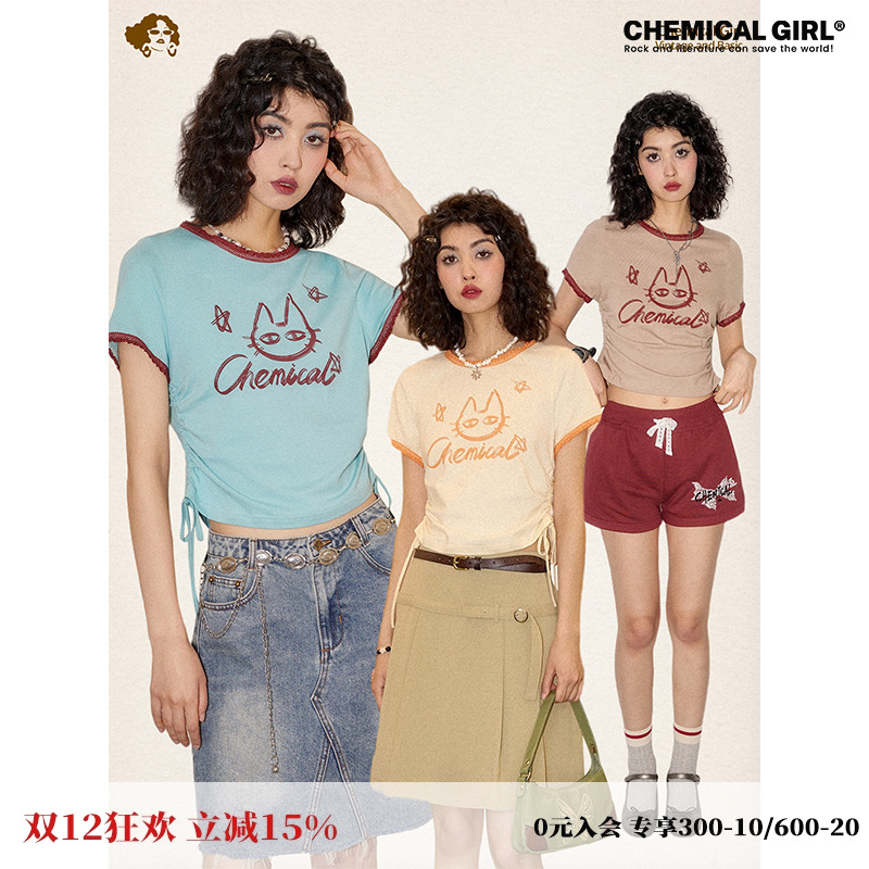 弹力蕾丝花边抽绳印花短袖T恤