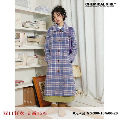 百搭圆领紫色毛呢大衣女新款