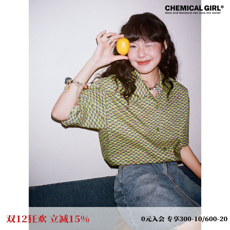 满印短袖衬衫女纯棉夏新品