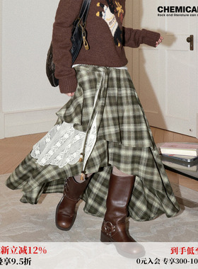 化学少女「森屿」不规则拼接蕾丝复古格子半身裙梨形秋冬伯克利裙