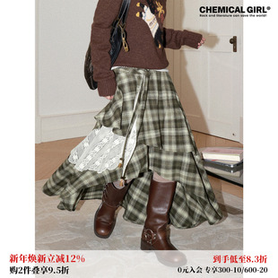 化学少女「森屿」不规则拼接蕾丝复古格子半身裙梨形秋冬伯克利裙