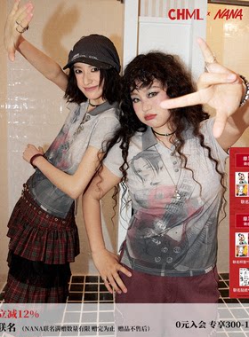 做旧人像印花POLO领短袖T恤女夏