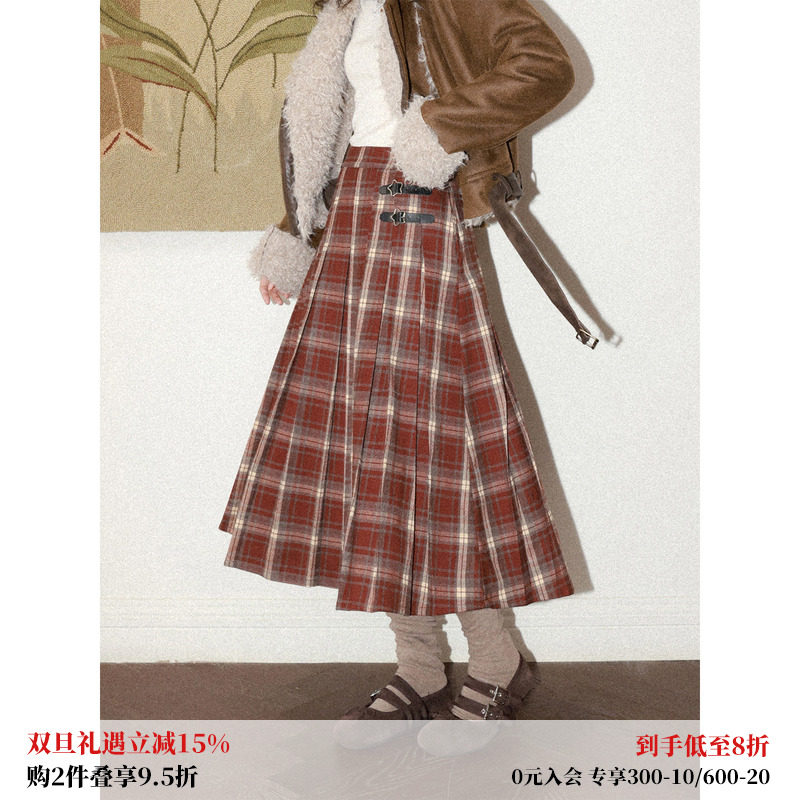 磨毛红格百褶大摆中长伞裙女