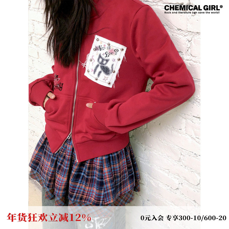 化学少女「樱桃果实」小猫印花复古红色连帽卫衣开衫外套上衣女秋,女装/女士精品,卫衣/绒衫,淘宝优惠券,粉丝福利购,淘宝优惠卷