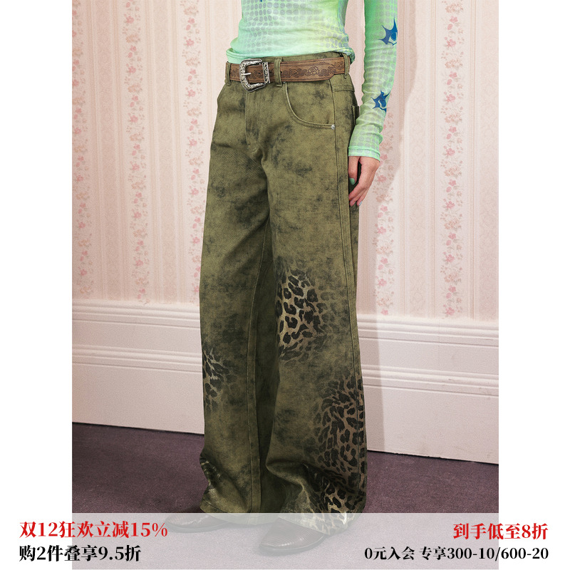 原创水洗豹纹牛仔长裤弯刀裤女