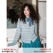 上衣 长袖 化学少女「糖果纸」绵羊毛蓝色条纹开衫 外穿毛衣女春修身