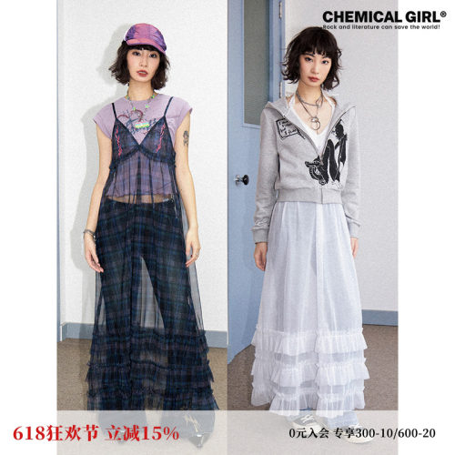 化学少女格纹刺绣半透网纱连衣裙