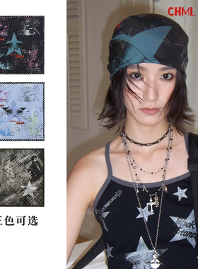 朋克风多色人像印花方巾丝巾女