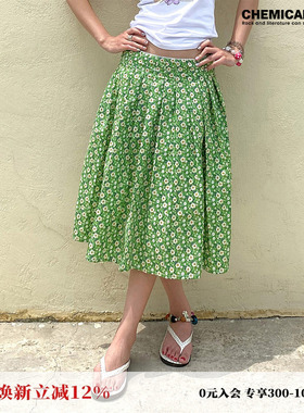 化学少女「绿草地」纯棉碎花裙百褶裙半身裙绿色女夏新品