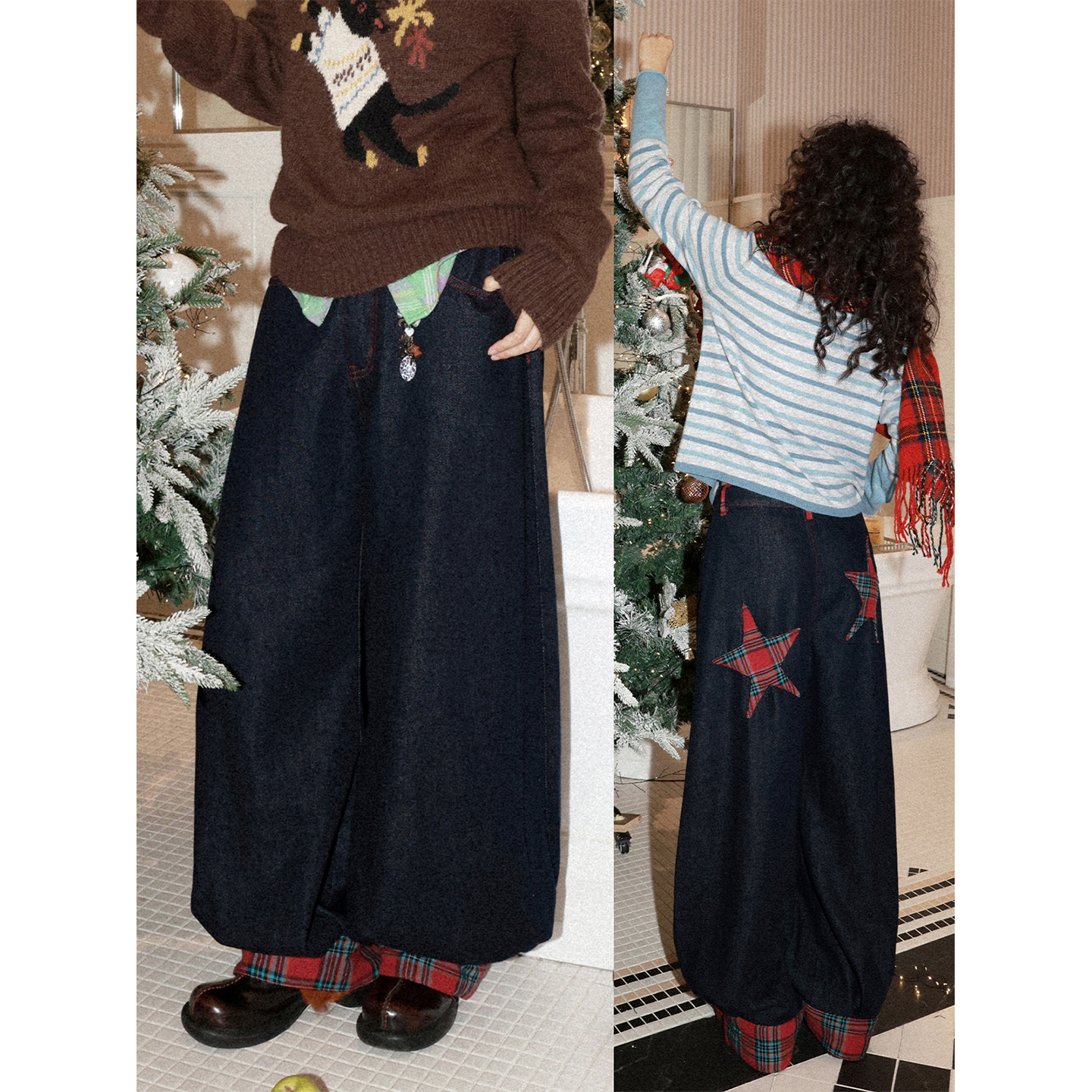 中腰拼接灯笼阔腿牛仔裤女