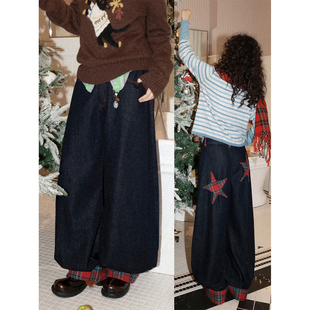 秋冬 宽松复古阔腿牛仔裤 化学少女 X4「失序之星」拼接防风灯笼裤