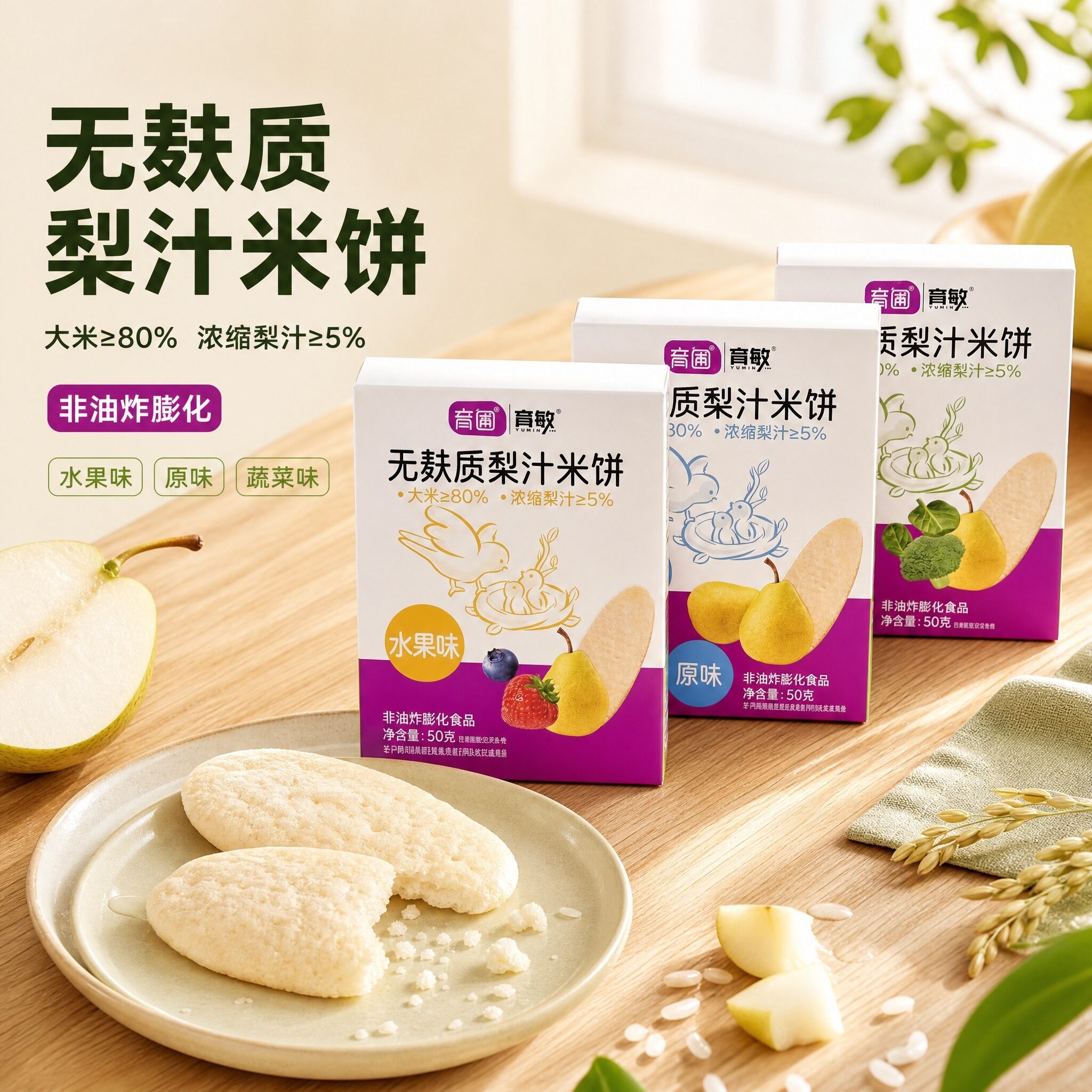 育圃无麸质梨汁米饼宝宝吃的磨牙长条饼原味儿童零食无添加50克装