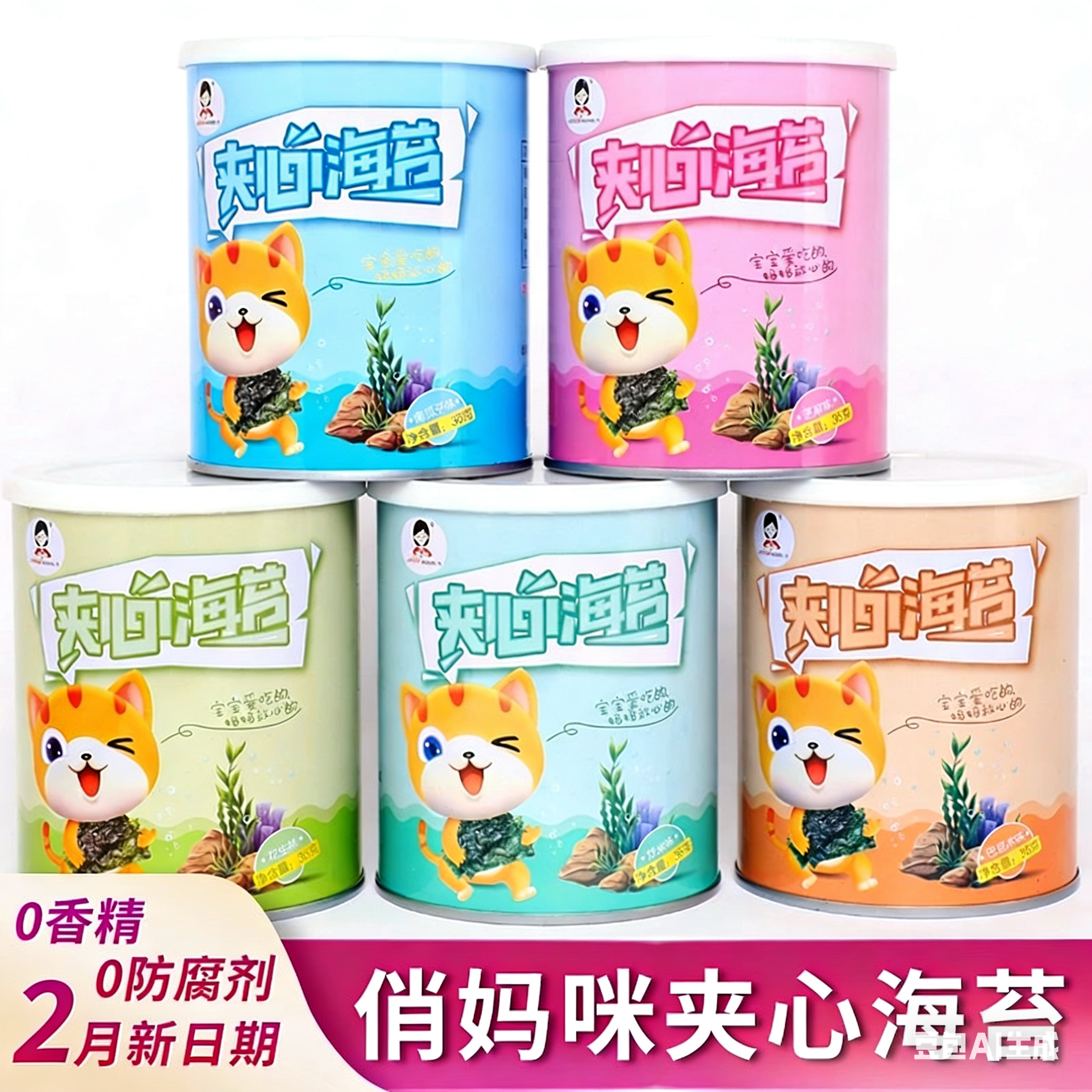 山东俏妈咪夹心海苔片宝宝零食儿童罐装海苔夹心脆桶装无添加香精