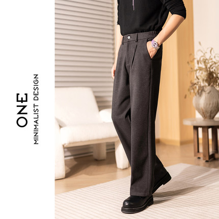 秋冬极简风男士高腰直筒休闲裤宽松长裤老钱风高级感毛呢直筒裤