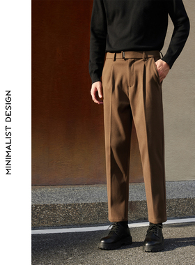 秋冬新款时尚高级感男士毛呢裤直筒休闲裤加绒保暖免烫九分裤男