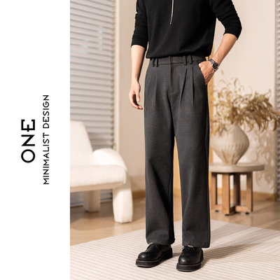 极简风男士高腰直筒毛呢休闲裤