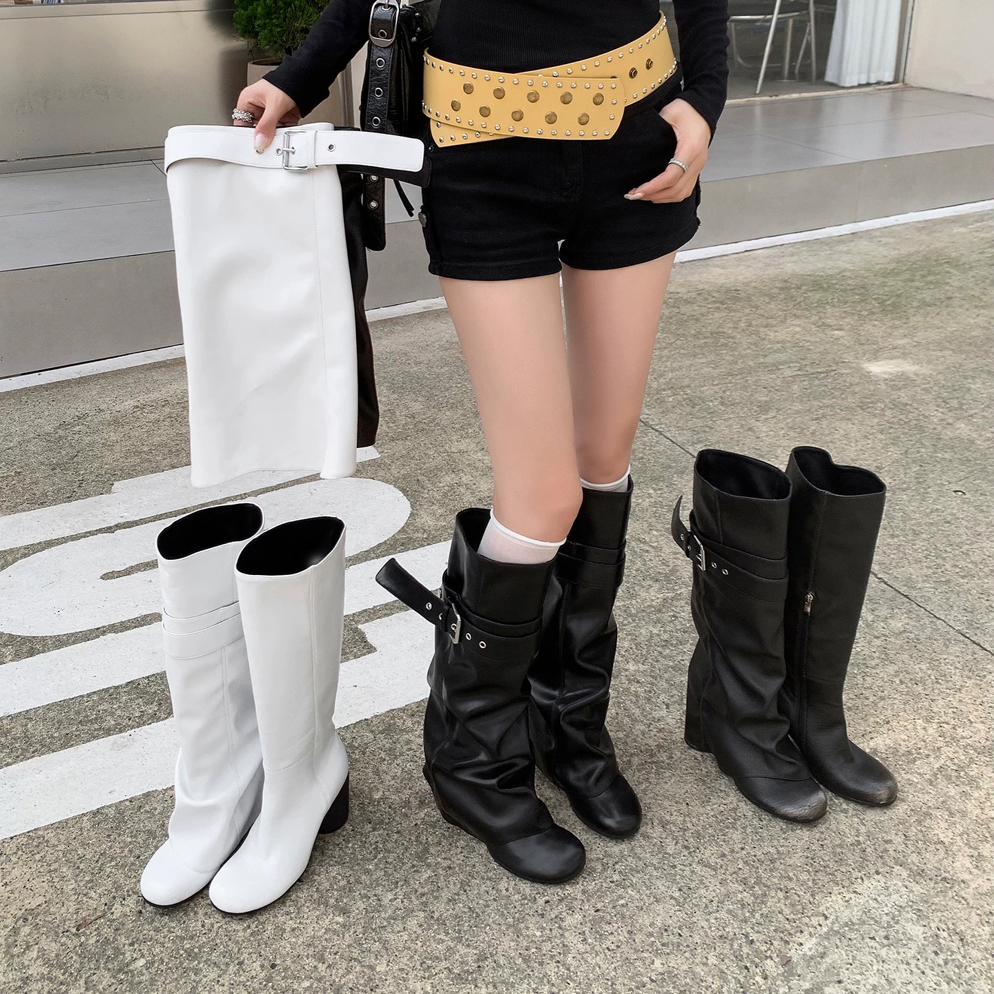 可拆卸~7cm增高皮带扣骑士靴女两穿西部堆堆靴裤管靴白色长筒靴子