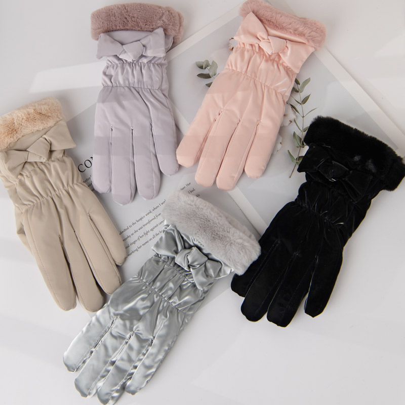 冬季加绒加厚保暖女士蝴蝶结手套