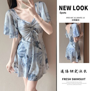 ins泳装 印花保守遮肚肉加肥连体裙式 胖mm泳衣女2026新款 大码