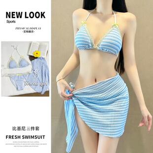 显白瘦纯欲泳装 比基尼三件套性感绑带辣妹度假温泉泳衣女 绝美裙式
