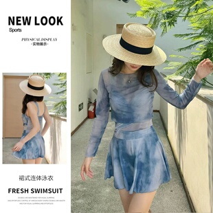 扎染保守显瘦泡温泉泳装 泳衣女款 外纱防晒时尚 两件套长袖 连体裙式