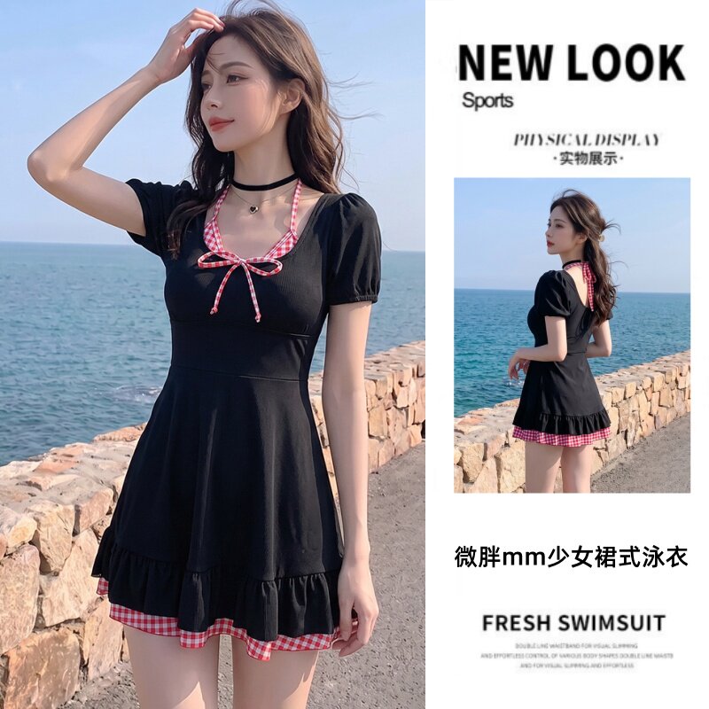 泳衣女大码微胖mm连体裙式格子保守遮肚显瘦韩版ins风度假泡温泉