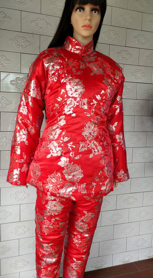 红底银花织锦加厚复古风连袖大襟棉袄棉裤手工定做
