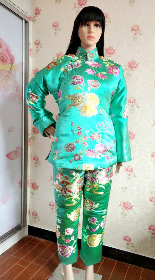 豆绿织锦软缎复古风连袖加厚大襟棉袄棉裤手工定制