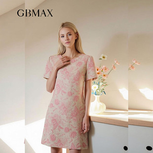 GBMAX粉色印花时尚气质连衣裙2026夏季新款提花刺绣显瘦亚麻裙子