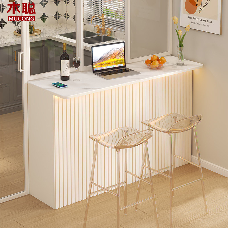 奶油风隔断岩板吧台储物餐边柜