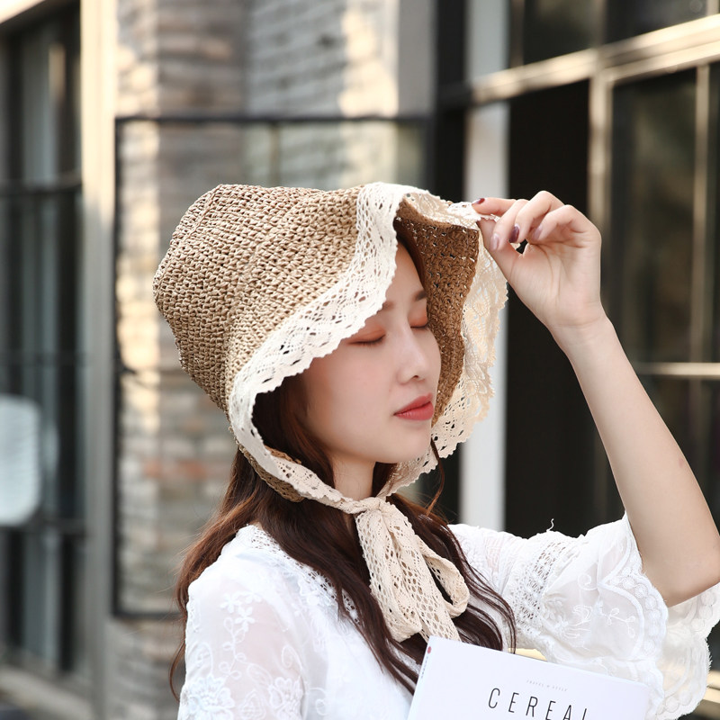 草帽女蕾丝系带新款亲子帽母女海边沙滩帽遮阳防晒帽小清新