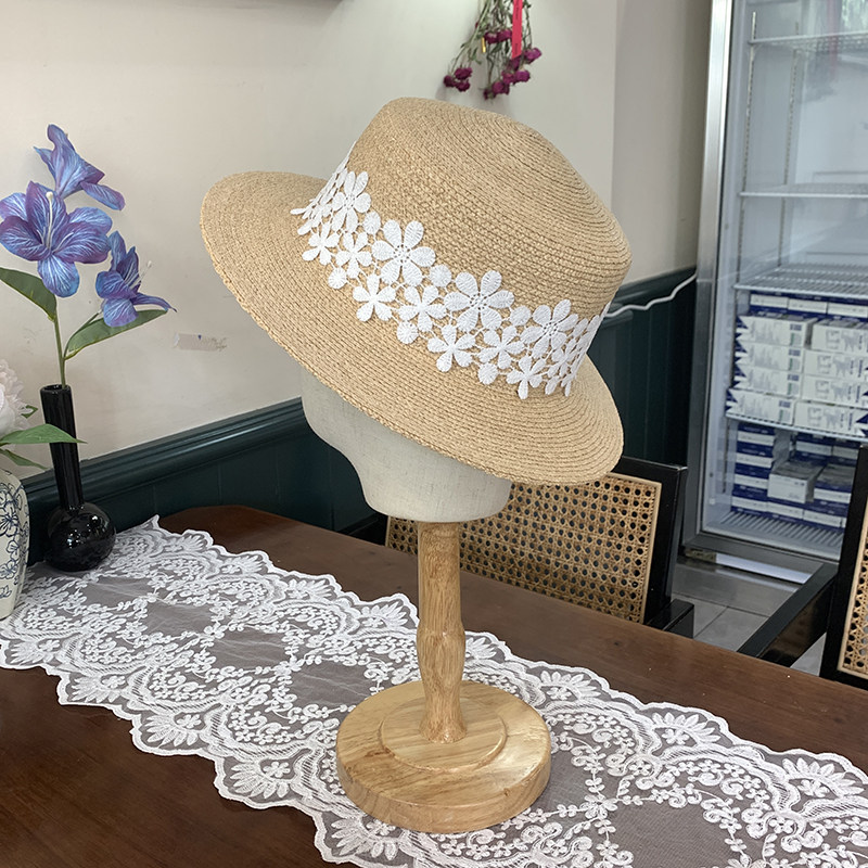 新款拉菲草草帽女花边平檐帽春夏防晒遮阳帽海边度假旅游休闲时尚